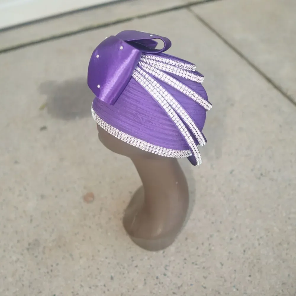 Purple Ribbon Straw Church Hat Rhinestone Bow Vintage Style Pillbox Cloche 7.5”